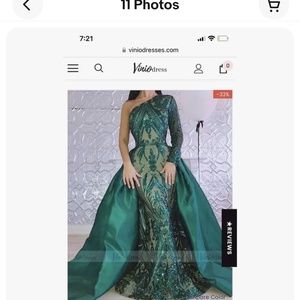 VinioDress-New-Never Worn-Green One Shoulder Sequin Long Dress w/Removable Train